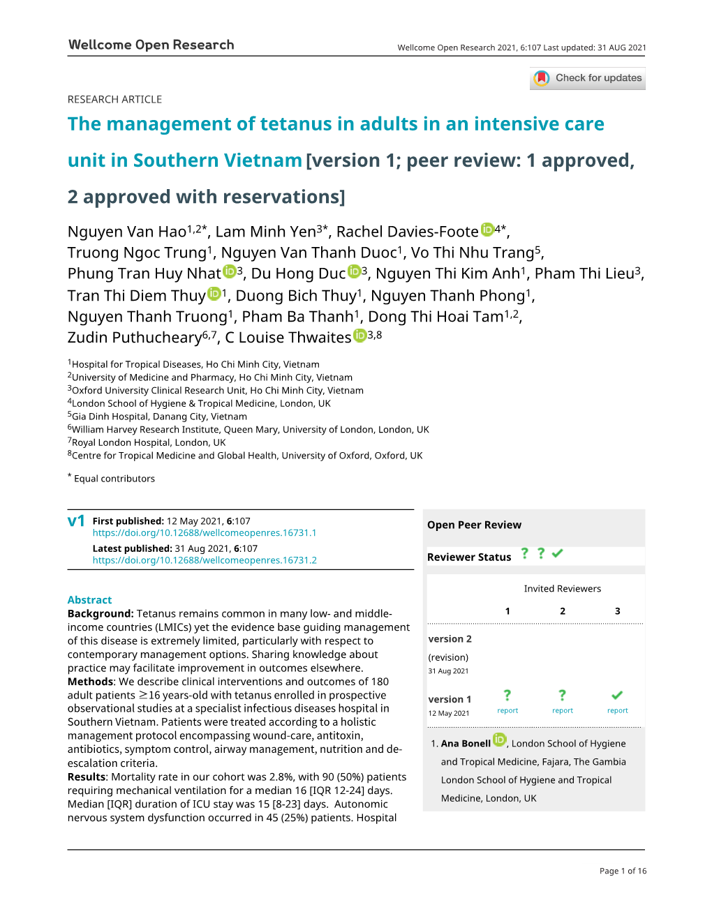 The Management of Tetanus in Adults in an Intensive Care Unit in Southern Vietnam[Version 1; Peer Review: 1 Approved, 2 Approved