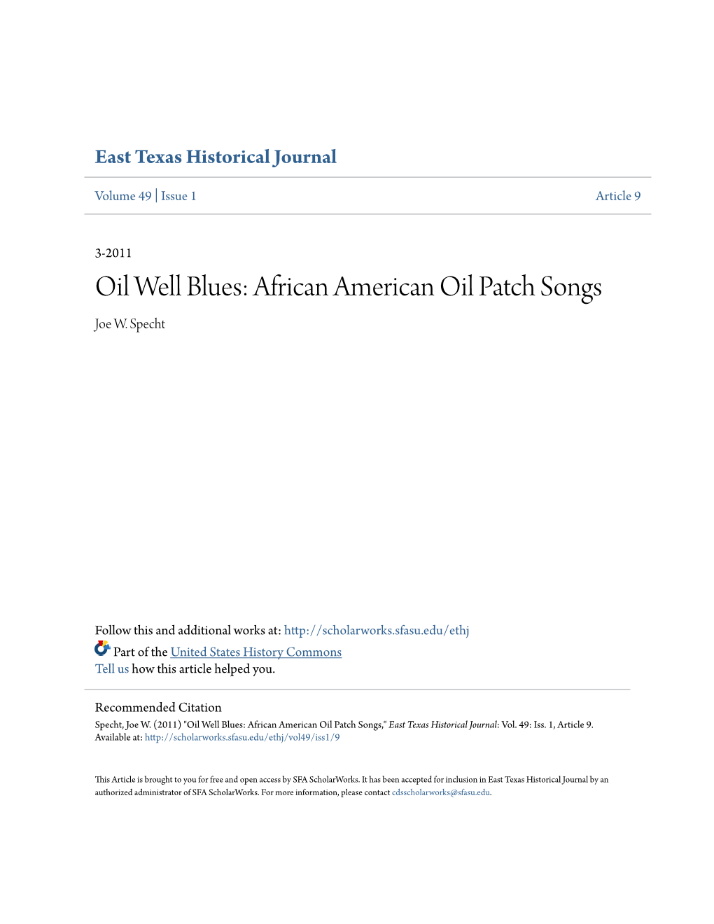 African American Oil Patch Songs Joe W