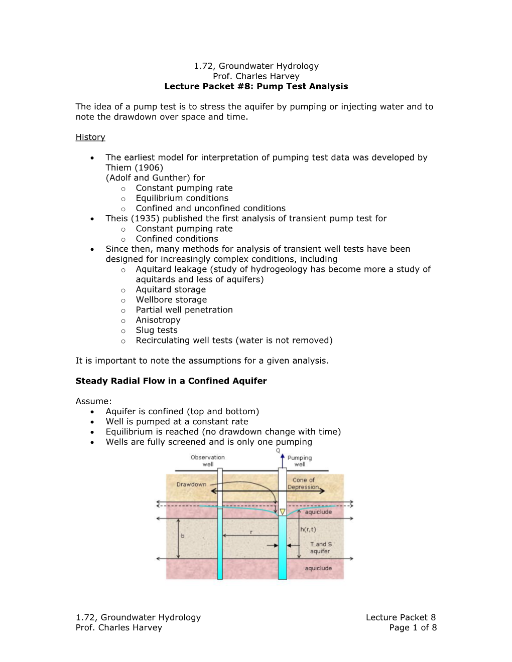 1.72, Groundwater Hydrology Prof. Charles Harvey Lecture Packet #8: Pump Test Analysis