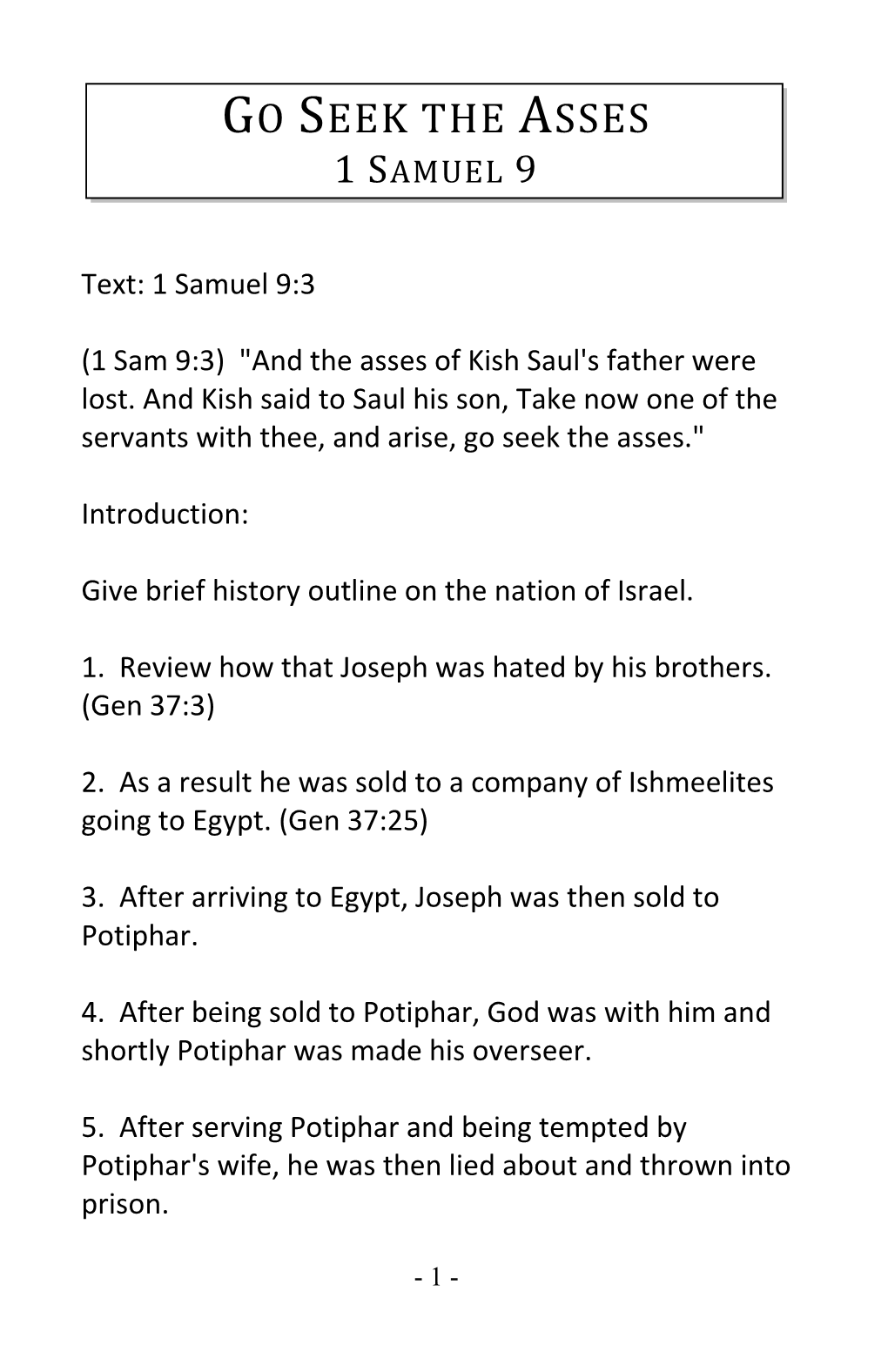 Go Seek the Asses 1 Samuel 9