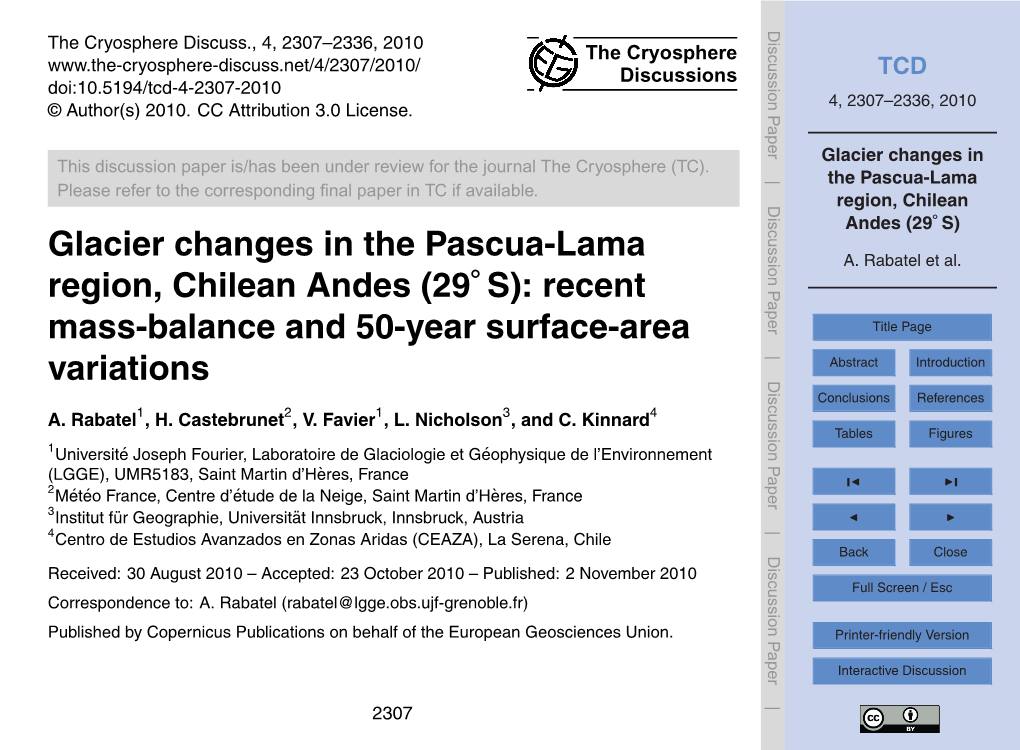 Glacier Changes in the Pascua-Lama Region, Chilean Andes (29S)