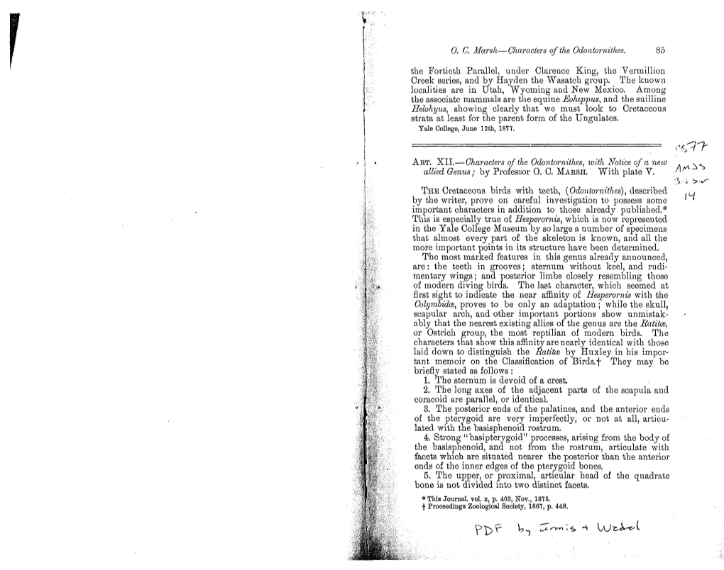 0. C. Marsh—Characters of the Odontornithes. 85 the Fortieth Parallel, Under Clarence King, the Vermillion Creek Series, and by Hayden the "Wasatch Group