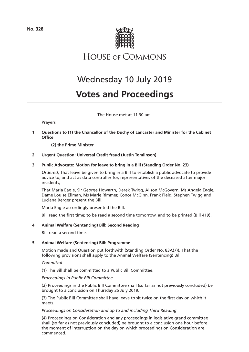 Votes and Proceedings for 10 Jul 2019