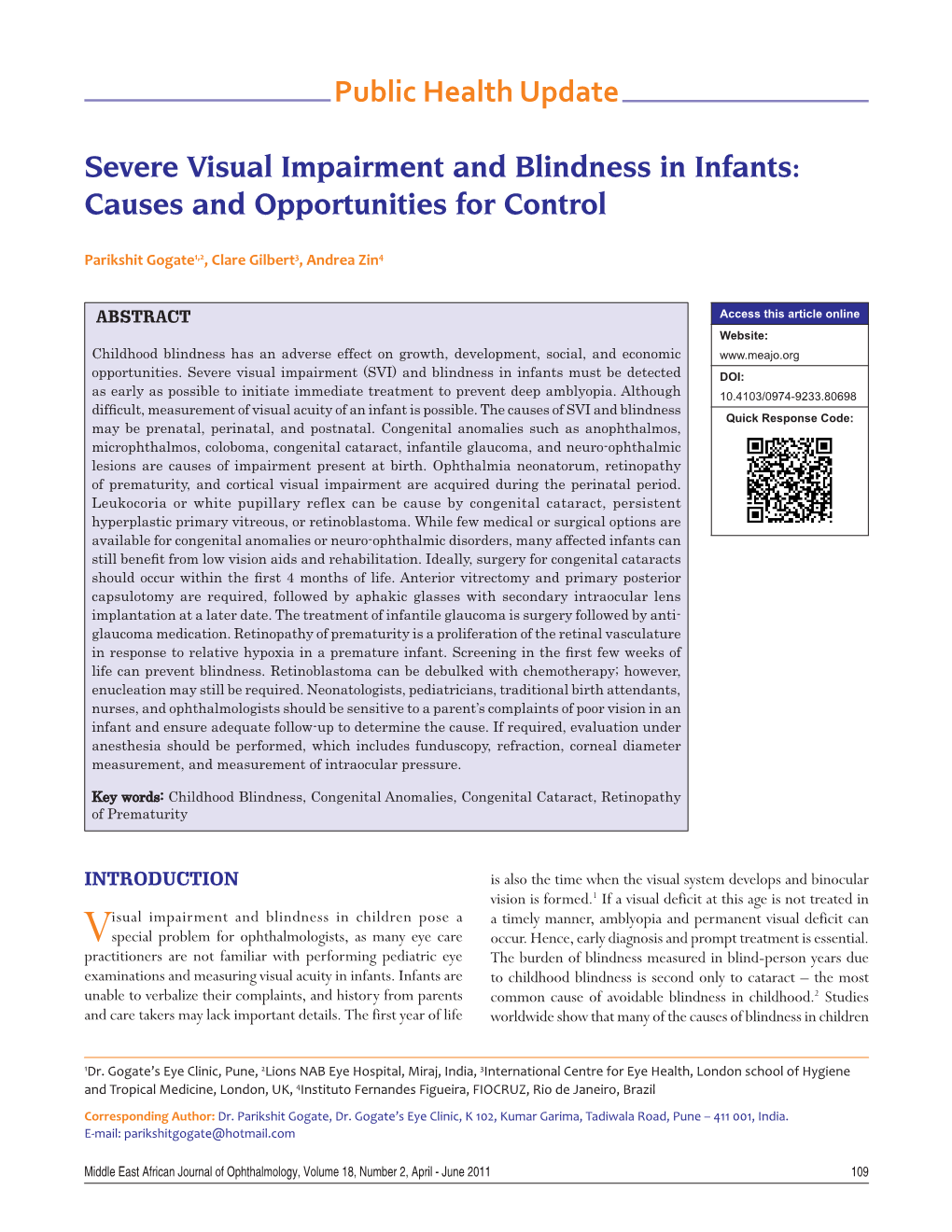 Severe Visual Impairment and Blindness in Infants: Causes and Opportunities for Control