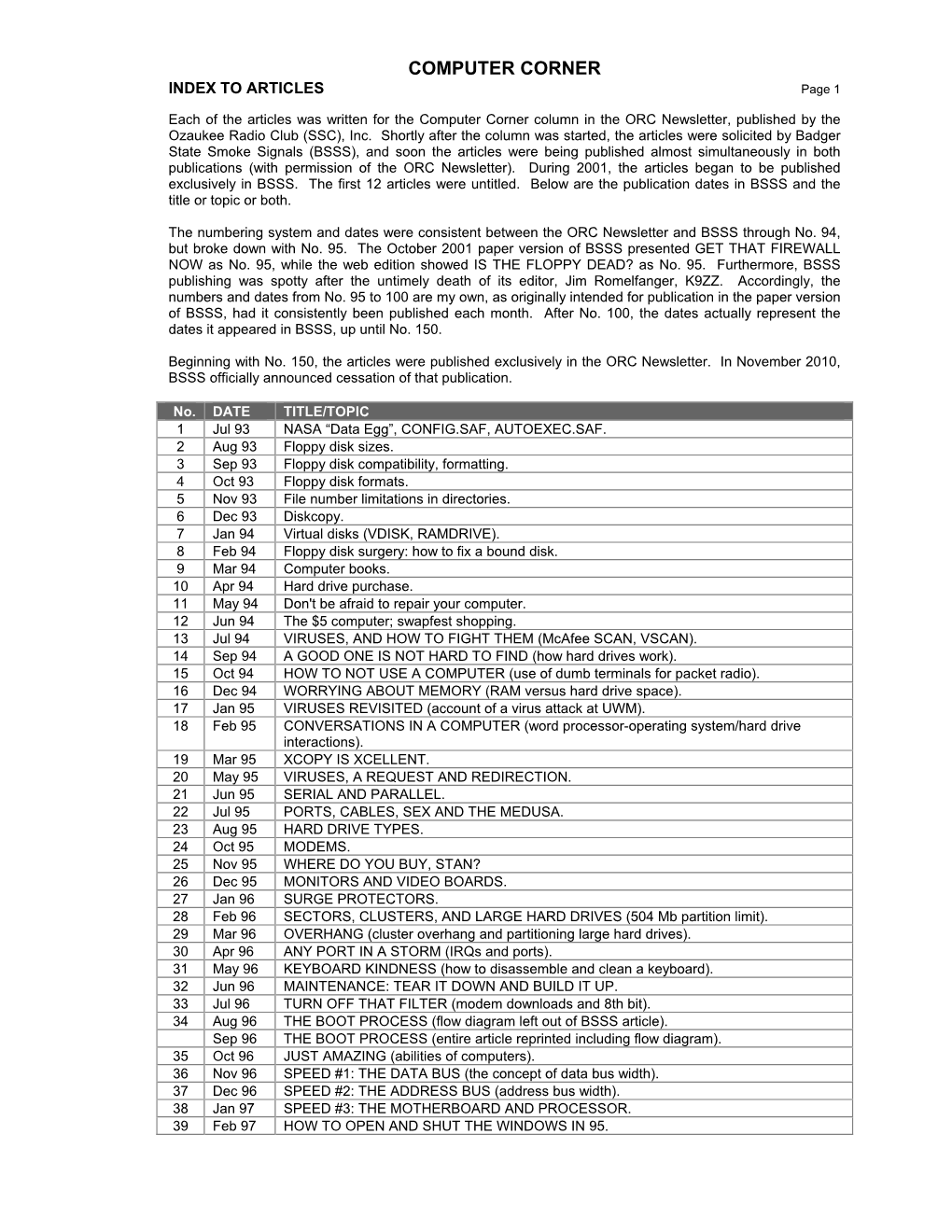 COMPUTER CORNER INDEX to ARTICLES Page 1