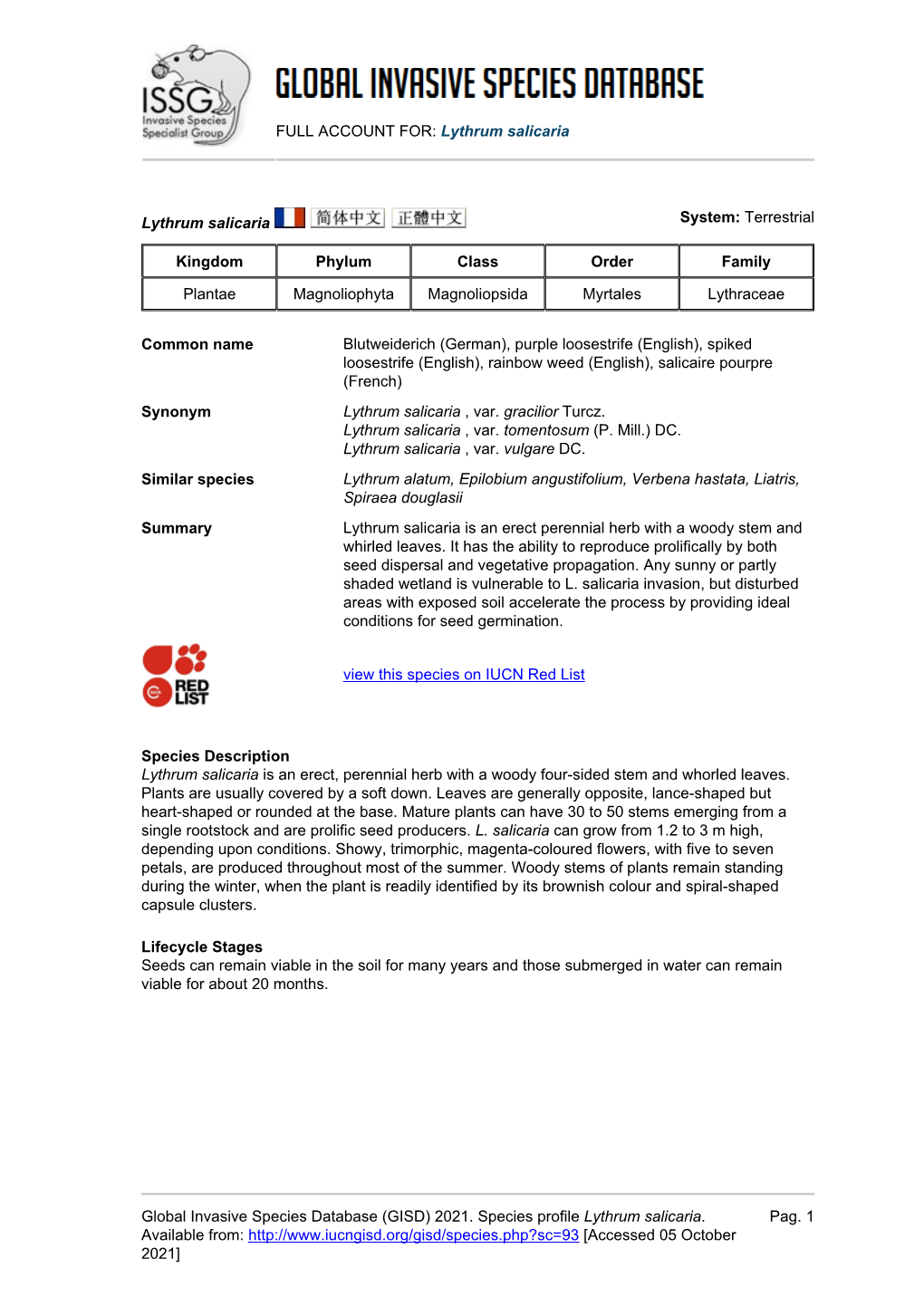 FULL ACCOUNT FOR: Lythrum Salicaria Global Invasive Species Database (GISD) 2021. Species Profile Lythrum Salicaria. Available F