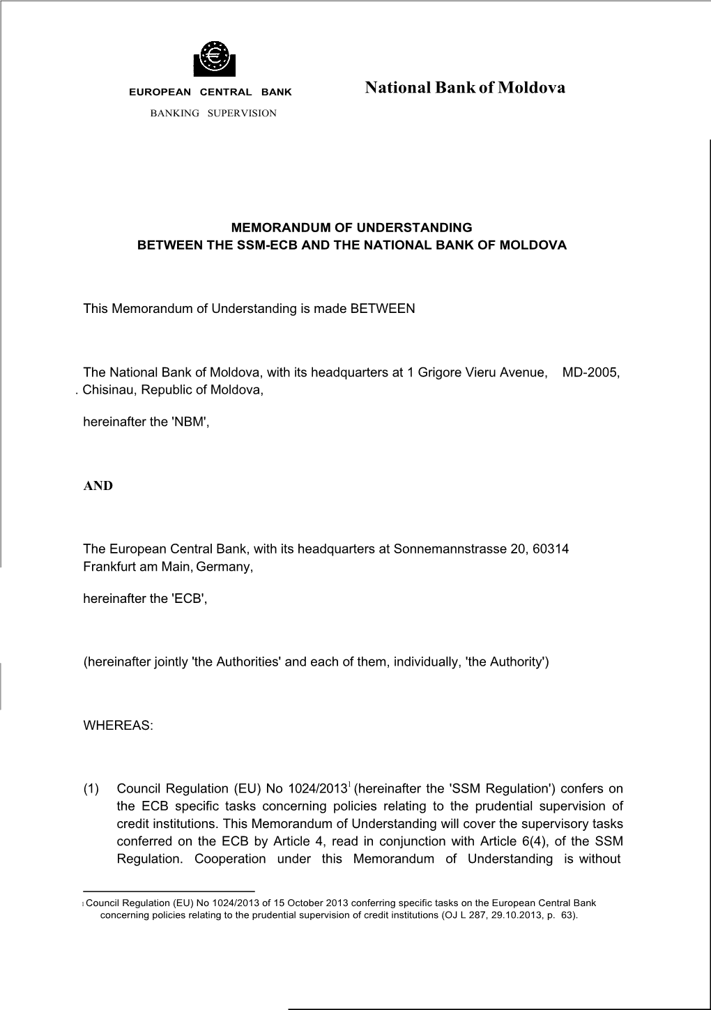 Memorandum of Understanding Between the ECB and the National Bank of Moldova