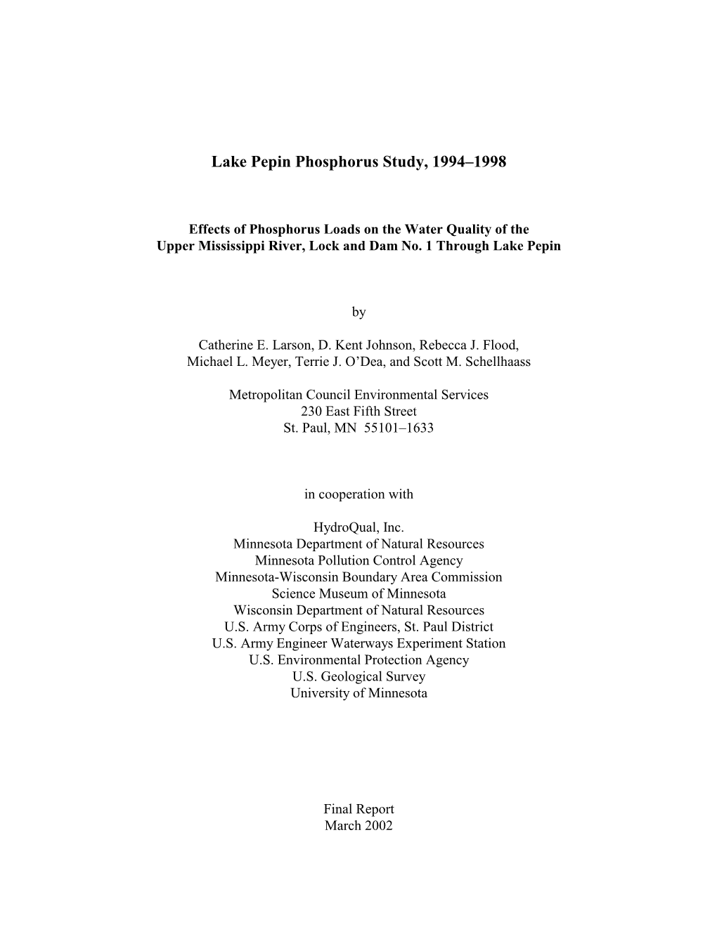 Lake Pepin Phosphorus Study, 1994–1998