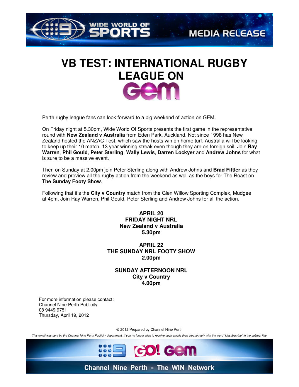 Vb Test: International Rugby League On