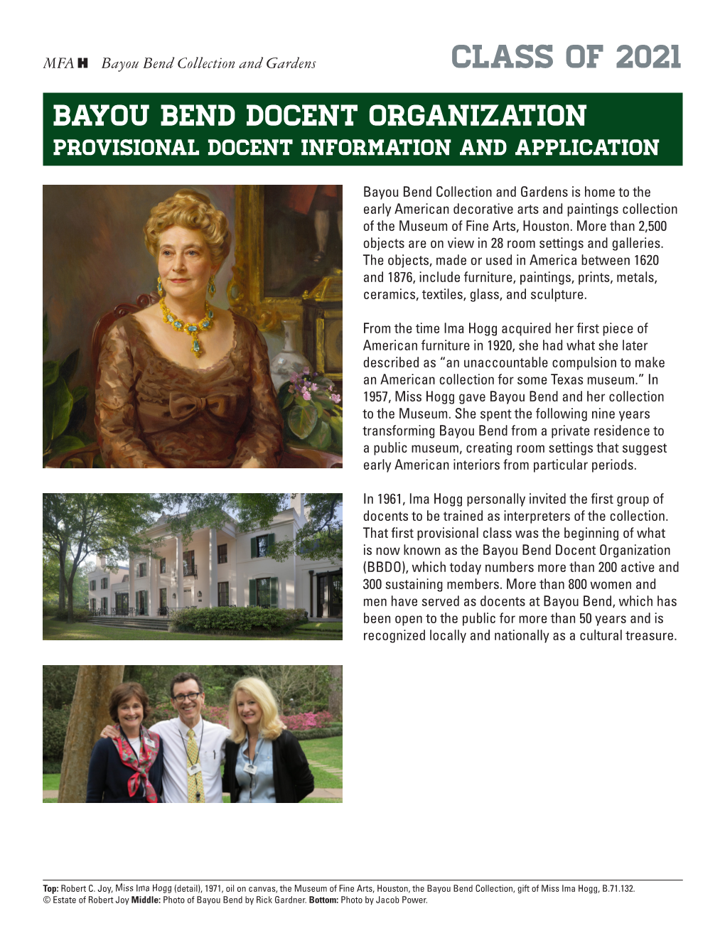 Class of 2021 Bayou Bend Docent Organization Provisional Docent Information and Application