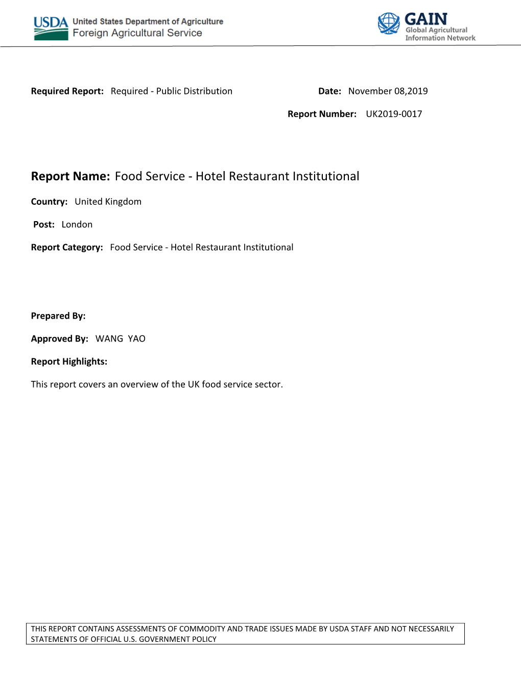 Report Name: Food Service - Hotel Restaurant Institutional