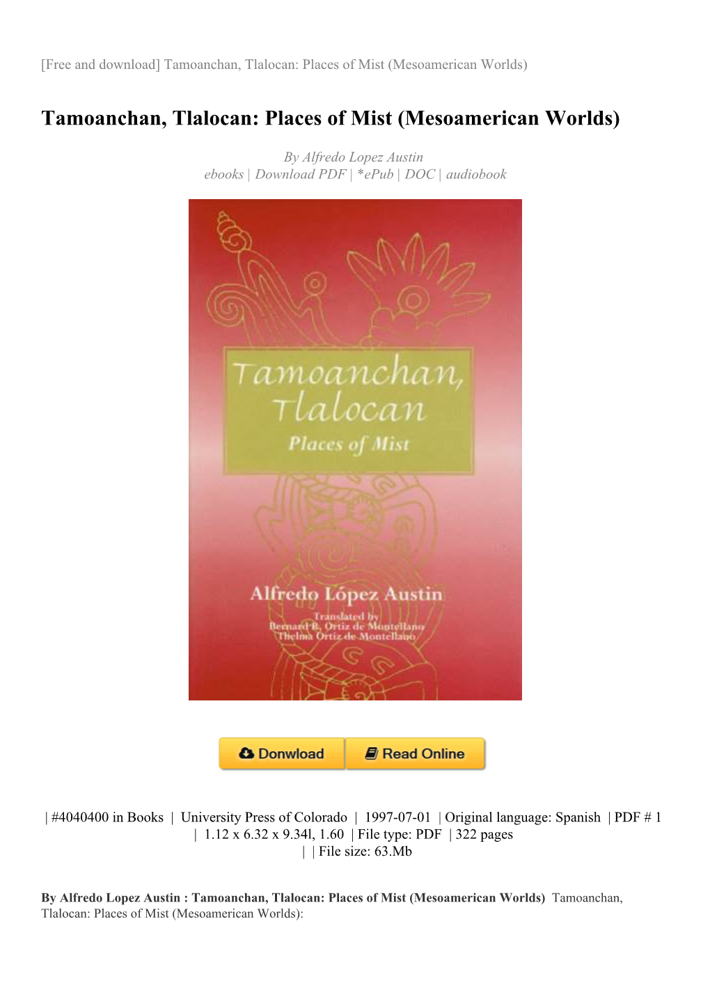 Tamoanchan, Tlalocan: Places of Mist (Mesoamerican Worlds)