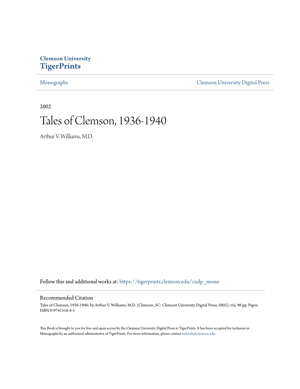 Tales of Clemson, 1936-1940 Arthur V