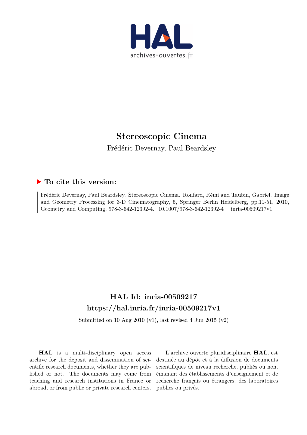 Stereoscopic Cinema Frédéric Devernay, Paul Beardsley