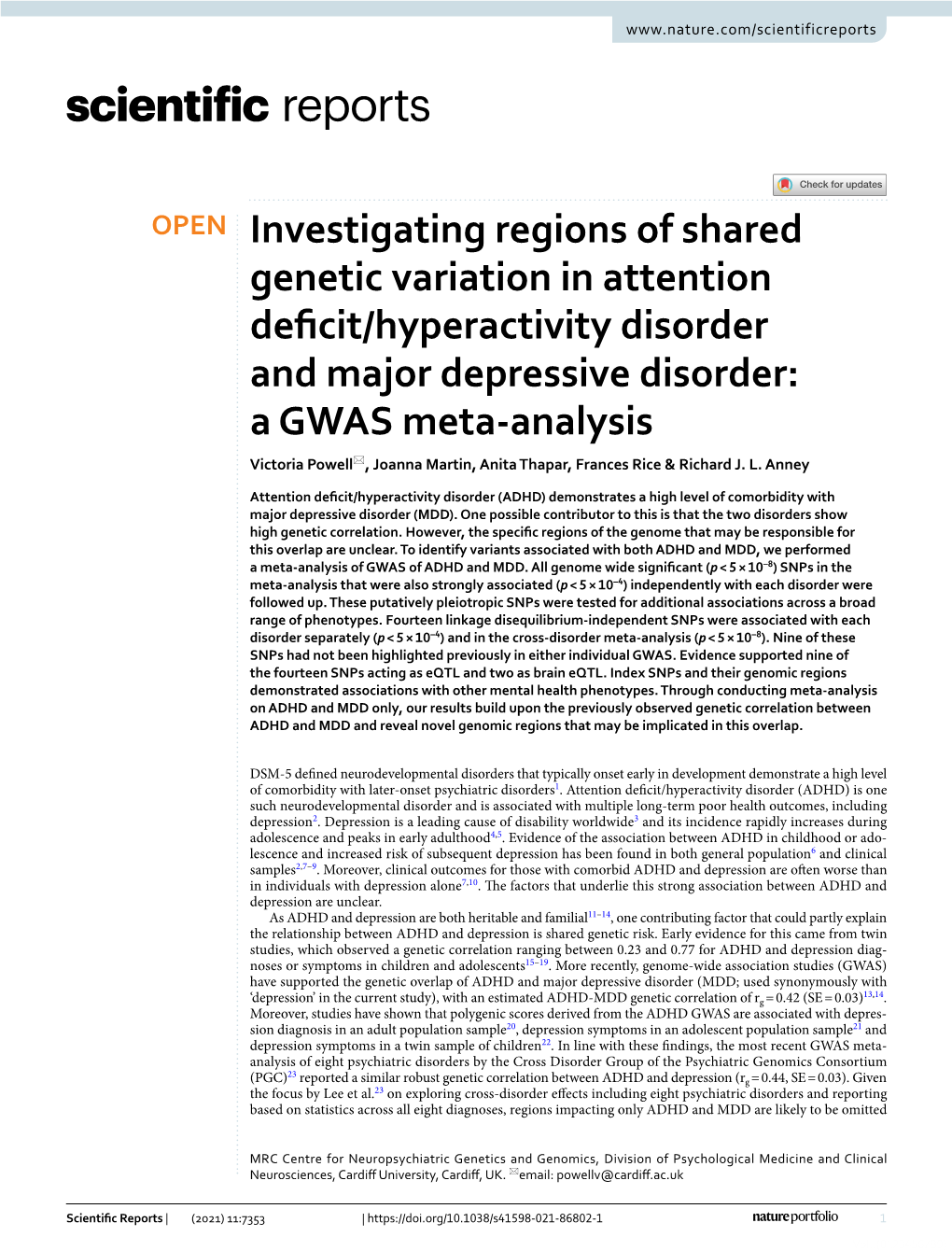 Investigating Regions of Shared Genetic Variation in Attention Deficit/Hyperactivity Disorder and Major Depressive Disorder