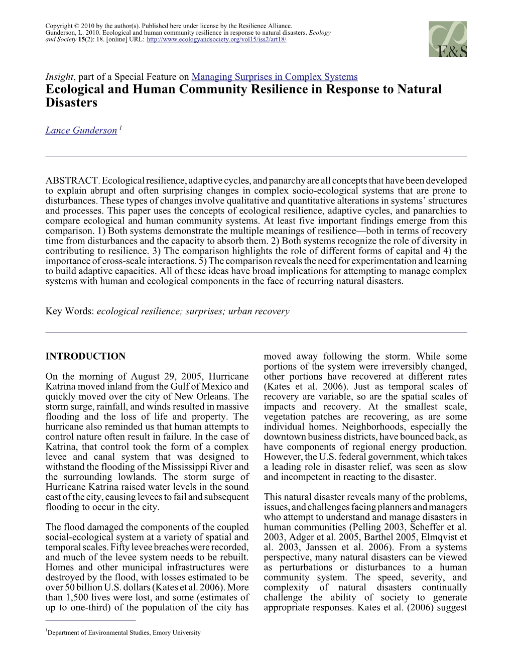 Ecological and Human Community Resilience in Response to Natural Disasters