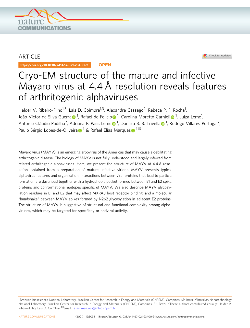 Cryo-EM Structure of the Mature and Infective Mayaro Virus at 4.4 Å Resolution Reveals Features of Arthritogenic Alphaviruses