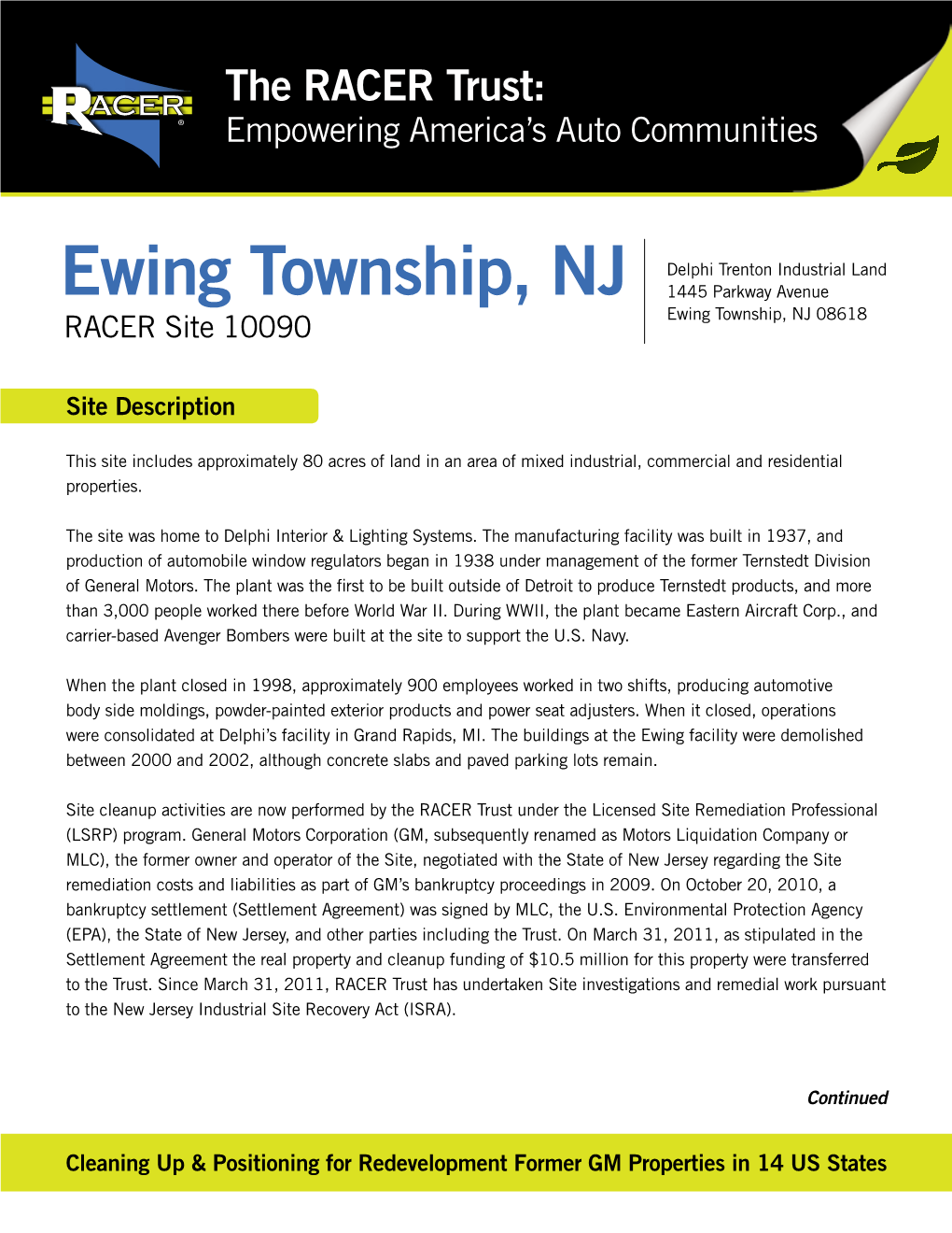 Ewing Township, NJ 1445 Parkway Avenue RACER Site 10090 Ewing Township, NJ 08618