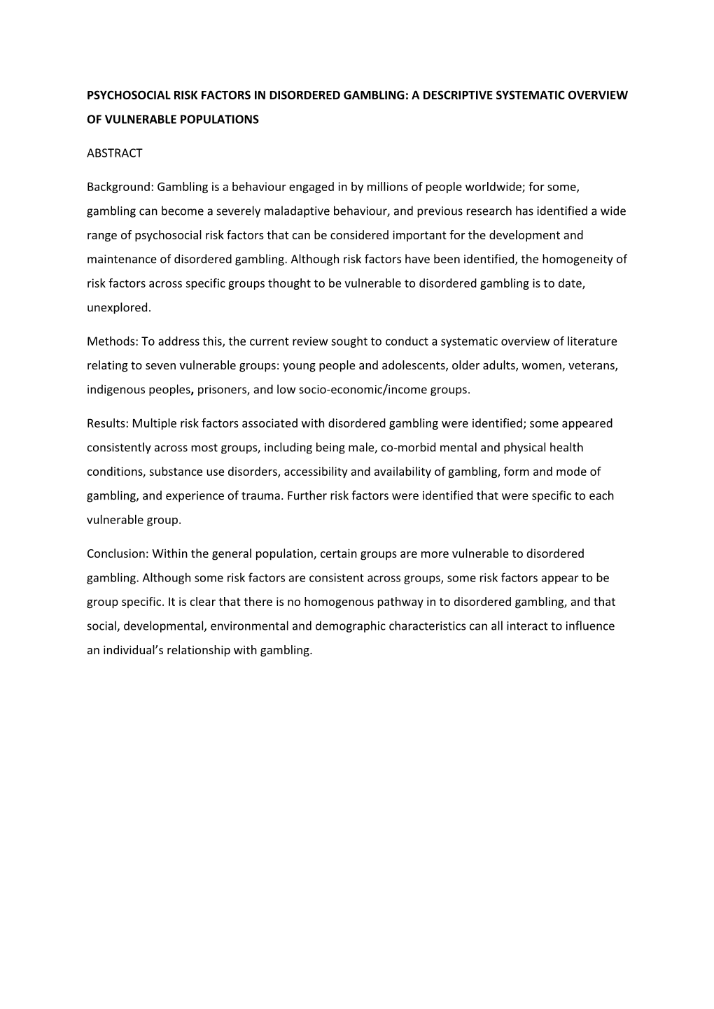 Psychosocial Risk Factors in Disordered Gambling: a Descriptive Systematic Overview of Vulnerable Populations