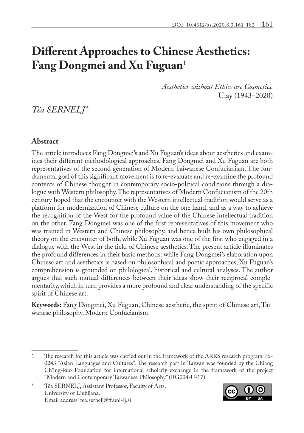 Different Approaches to Chinese Aesthetics: Fang Dongmei and Xu Fuguan1