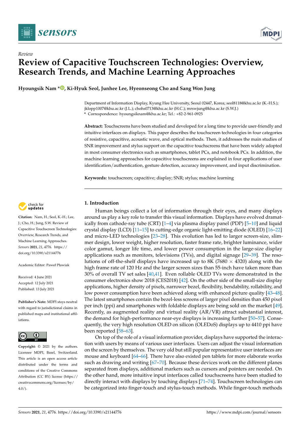 Review of Capacitive Touchscreen Technologies: Overview, Research Trends, and Machine Learning Approaches