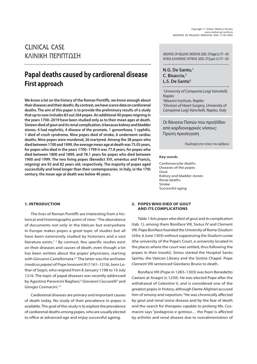 Papal Deaths Caused by Cardiorenal Disease C