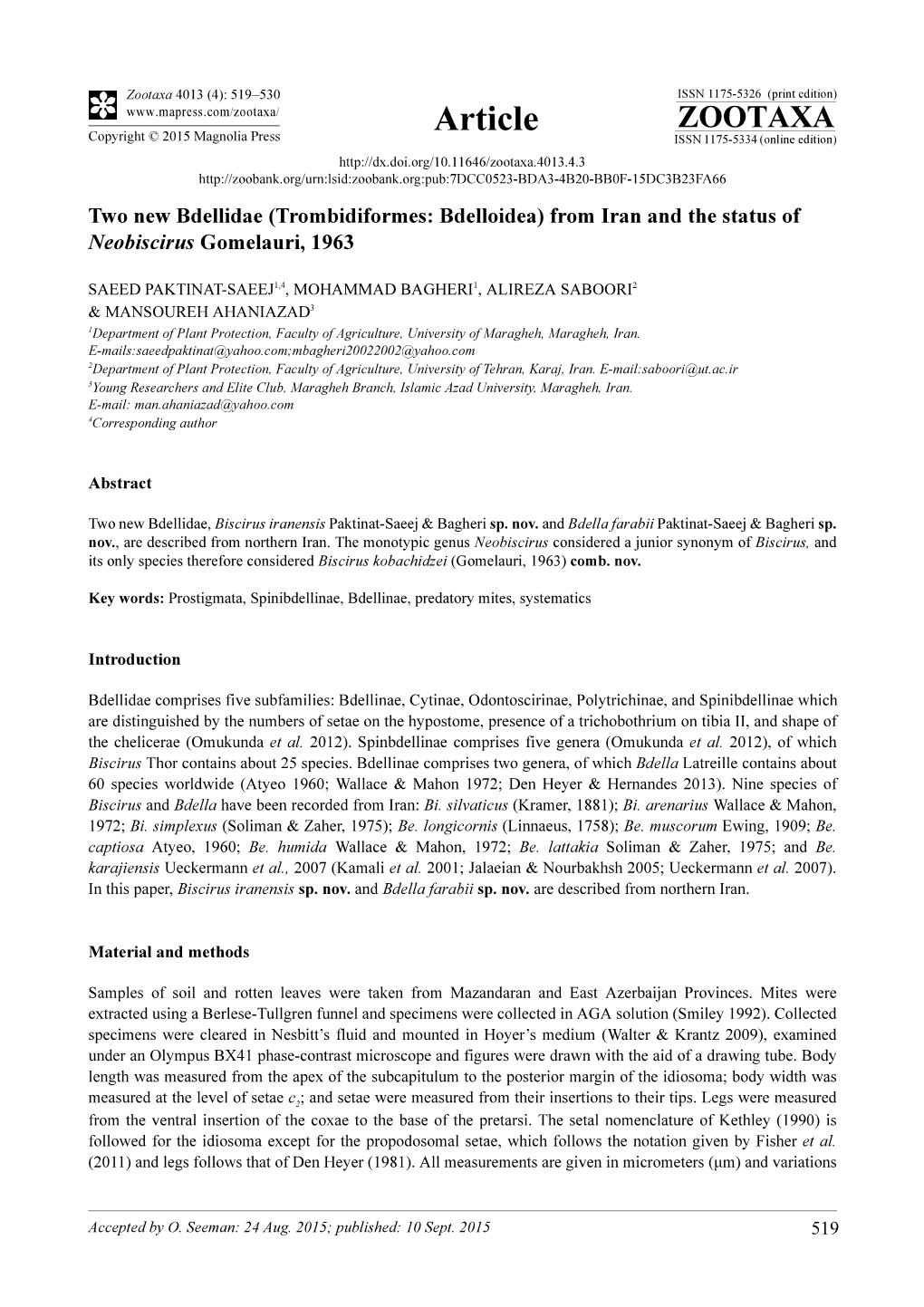 Two New Bdellidae (Trombidiformes: Bdelloidea) from Iran and the Status of Neobiscirus Gomelauri, 1963