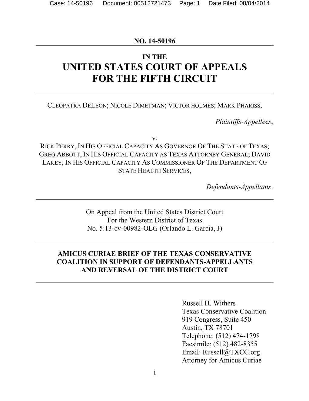 Brief of the Texas Conservative Coalition in Support of Defendants-Appellants and Reversal of the District Court