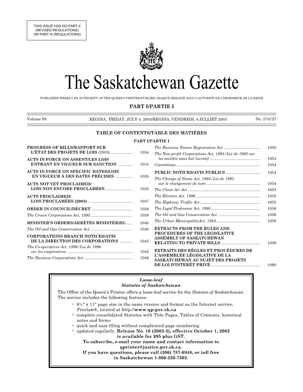 Sask Gazette, Part I, Jul 4, 2003