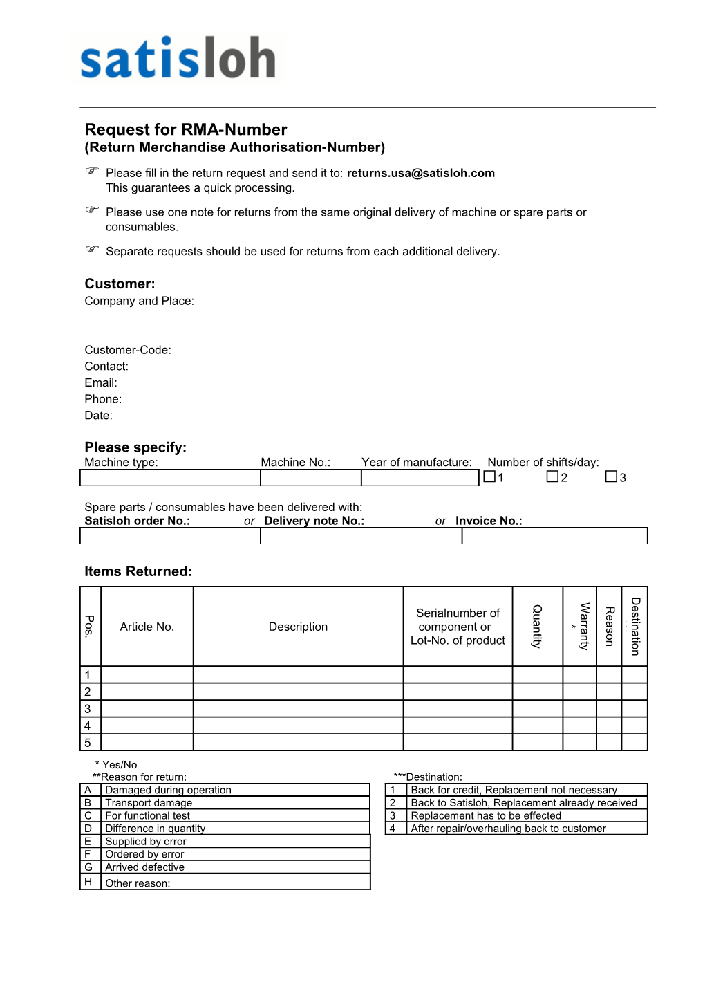 Request for RMA-Number (Return Merchandise Authorisation-Number)