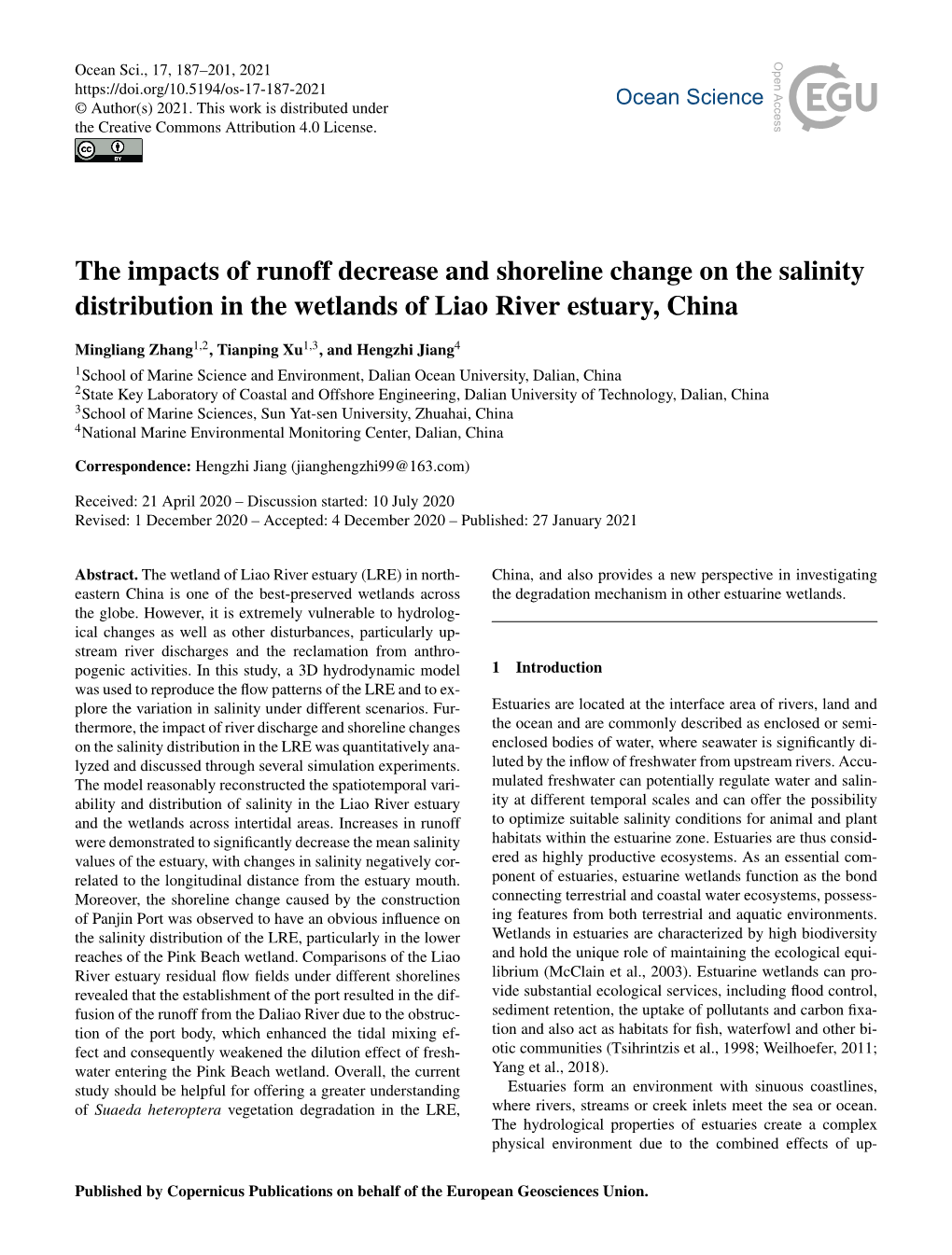 The Impacts of Runoff Decrease and Shoreline Change on the Salinity Distribution in the Wetlands of Liao River Estuary, China
