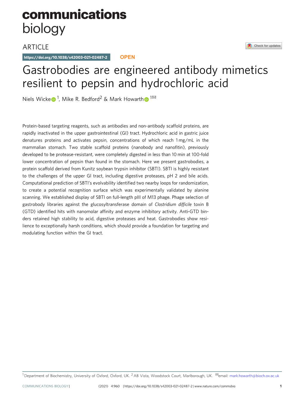 Gastrobodies Are Engineered Antibody Mimetics Resilient to Pepsin and Hydrochloric Acid ✉ Niels Wicke 1, Mike R
