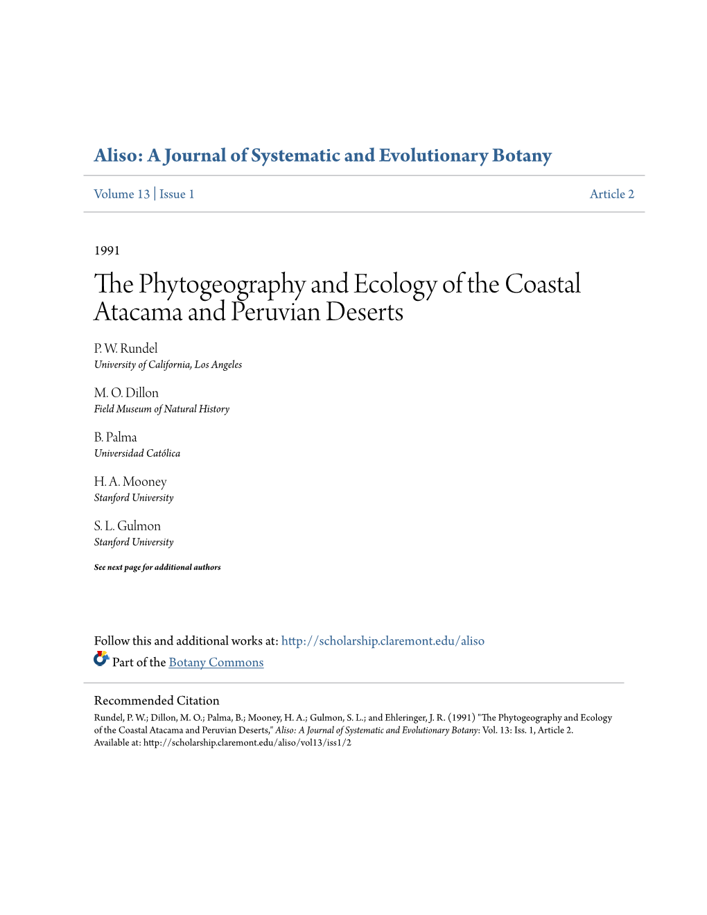 The Phytogeography and Ecology of the Coastal Atacama and Peruvian Deserts1