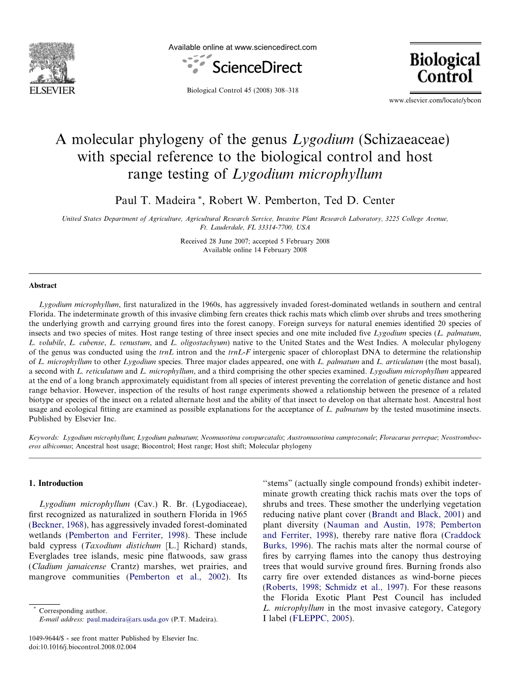 A Molecular Phylogeny of the Genus Lygodium (Schizaeaceae) with Special Reference to the Biological Control and Host Range Testing of Lygodium Microphyllum