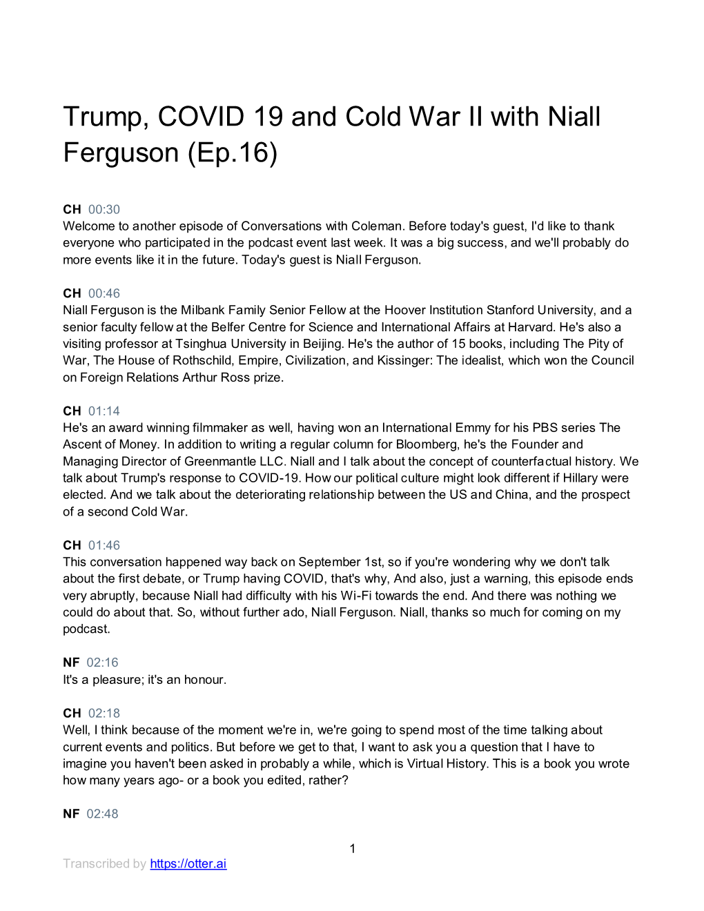 Trump, COVID 19 and Cold War II with Niall Ferguson