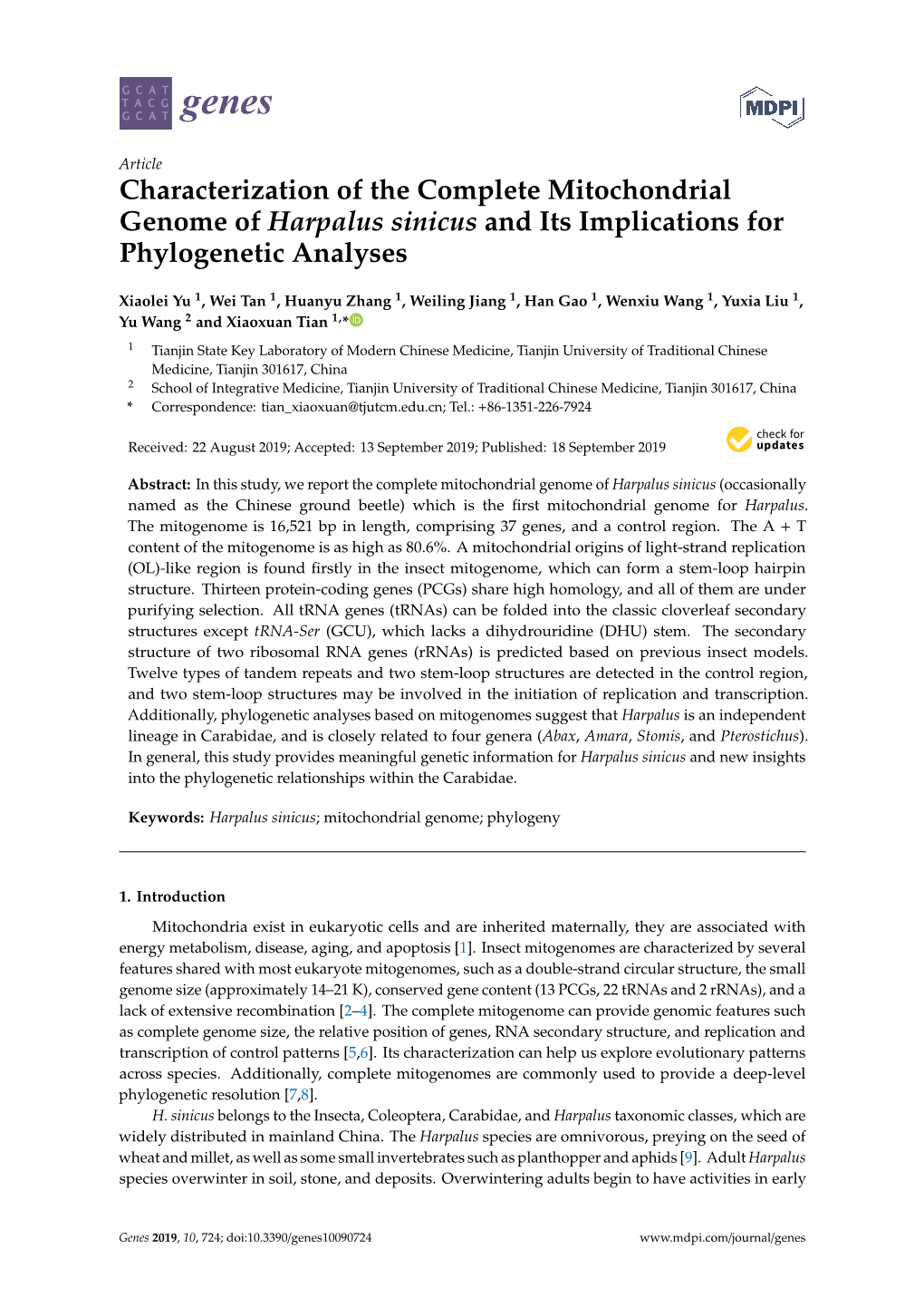 Characterization of the Complete Mitochondrial Genome of Harpalus Sinicus and Its Implications for Phylogenetic Analyses