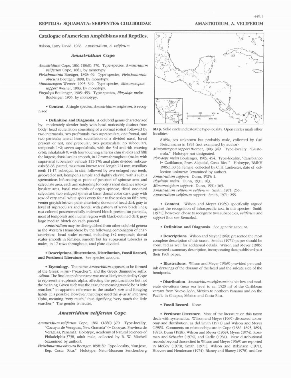 COLUBRIDAE AMASTRIDIUM, A. VELIFERUM Catalogue Of