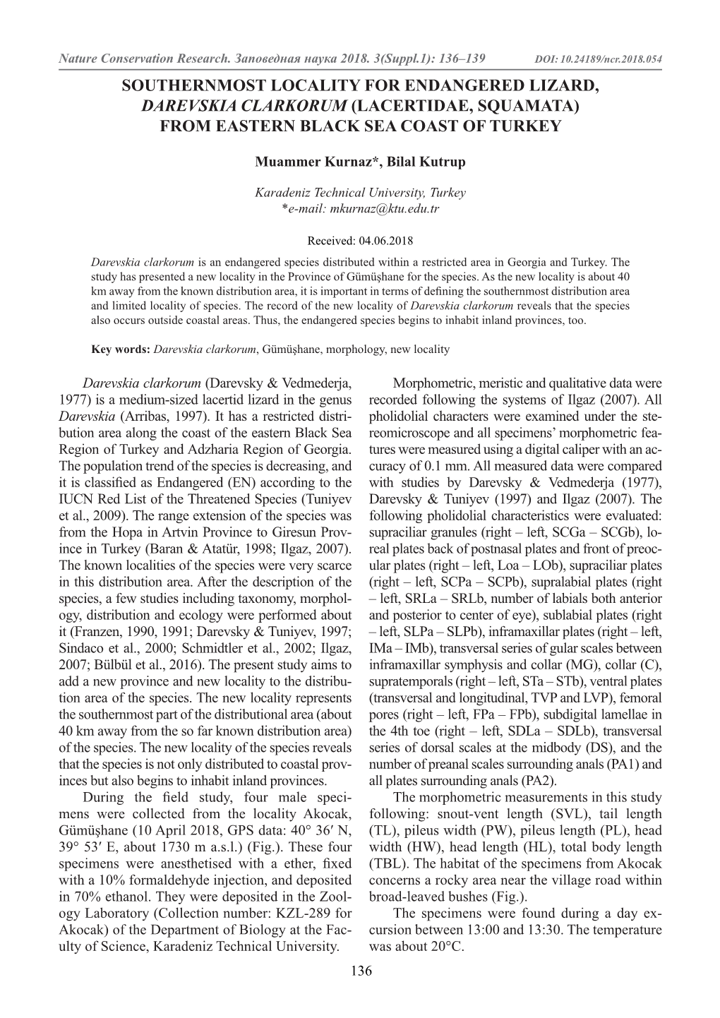 Southernmost Locality for Endangered Lizard, Darevskia Clarkorum (Lacertidae, Squamata) from Eastern Black Sea Coast of Turkey