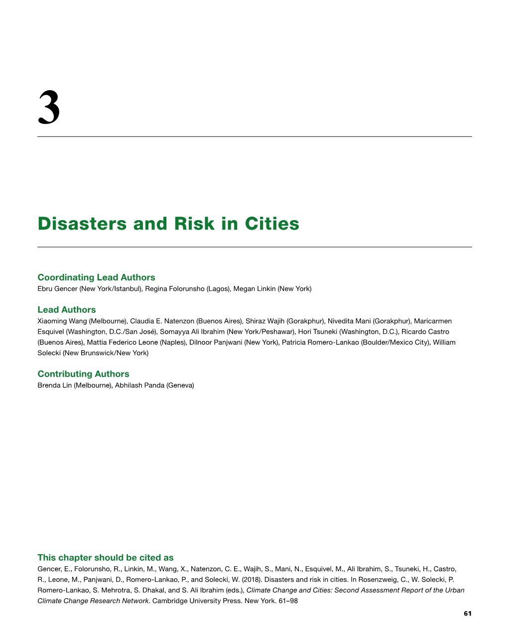 Disasters and Risk in Cities