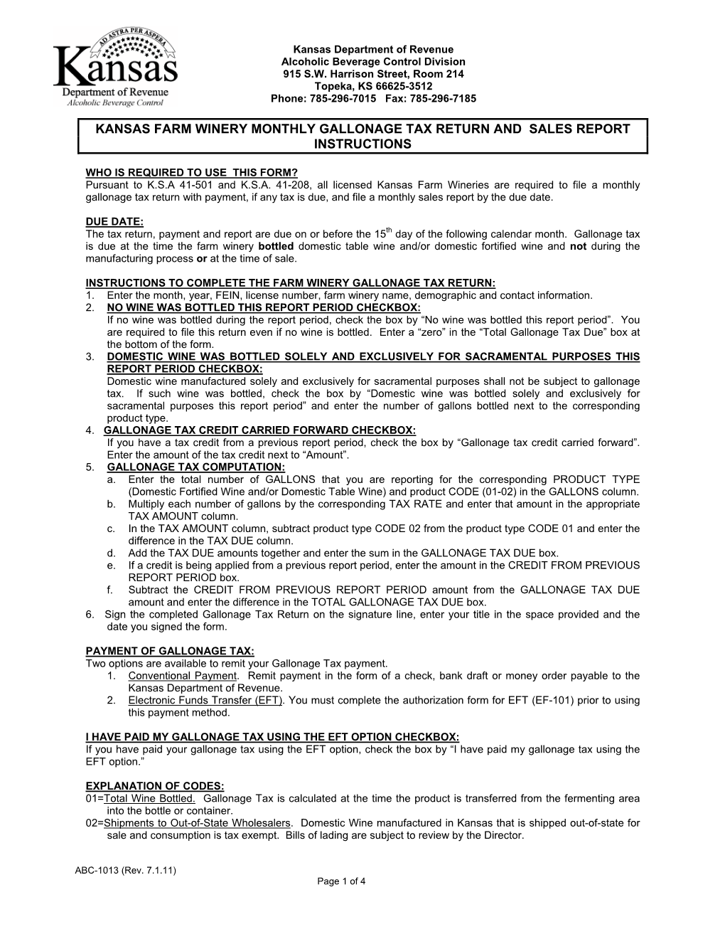 Farm Winery Monthly Gallonage Tax Return and Sales Report Instructions