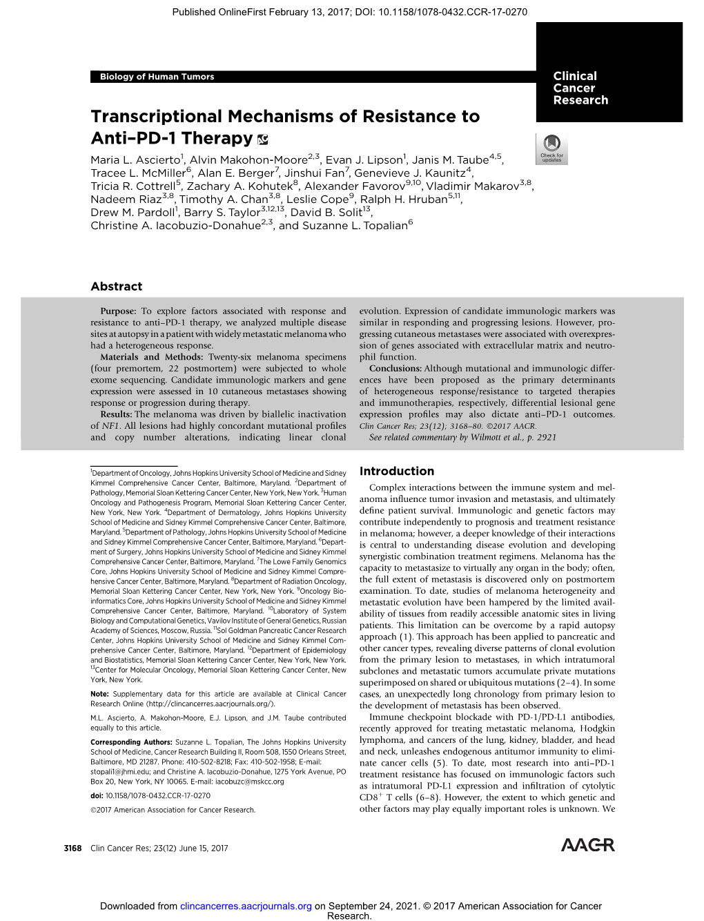 Transcriptional Mechanisms of Resistance to Anti–PD-1 Therapy Maria L