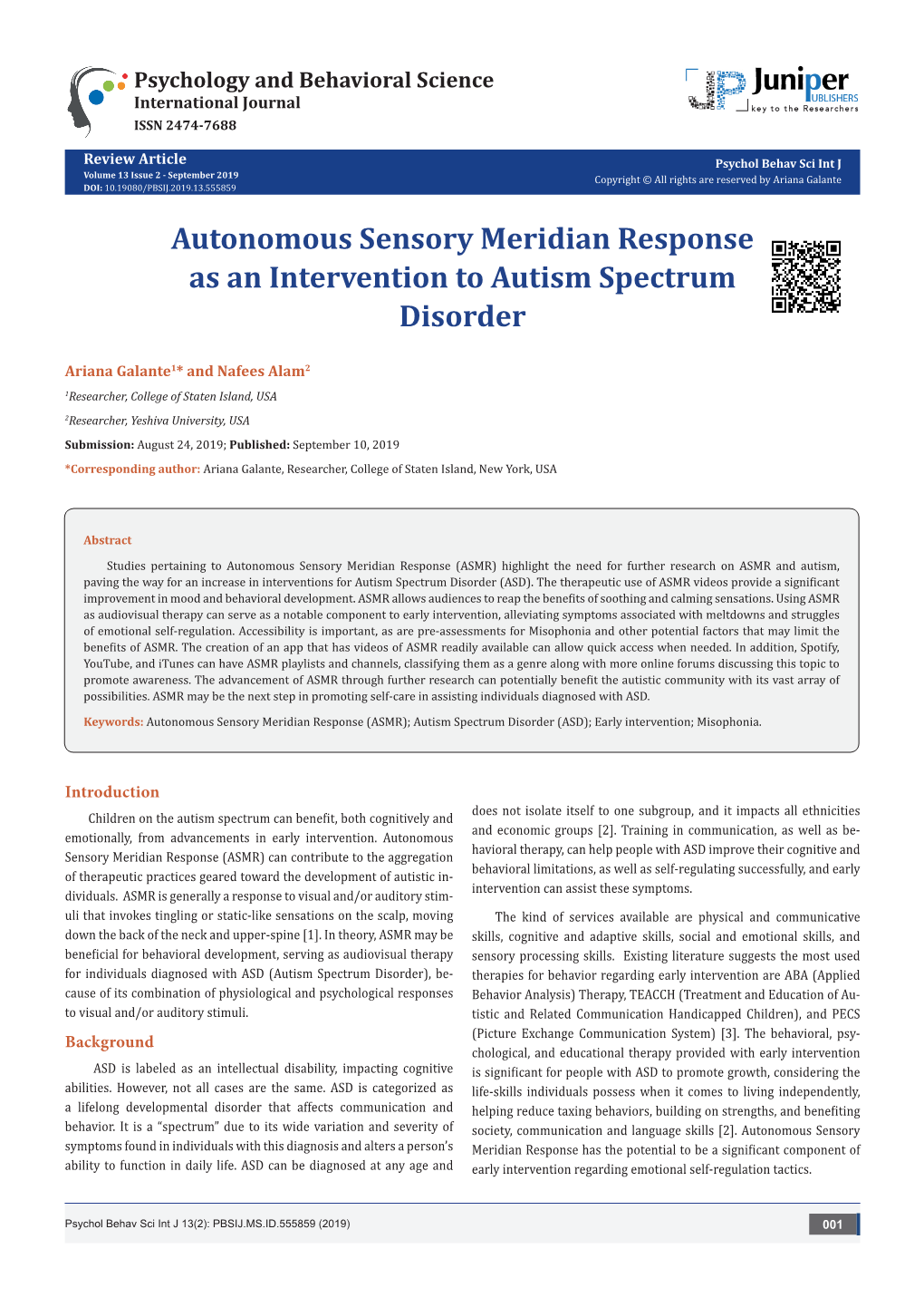 Autonomous Sensory Meridian Response As an Intervention to Autism Spectrum Disorder