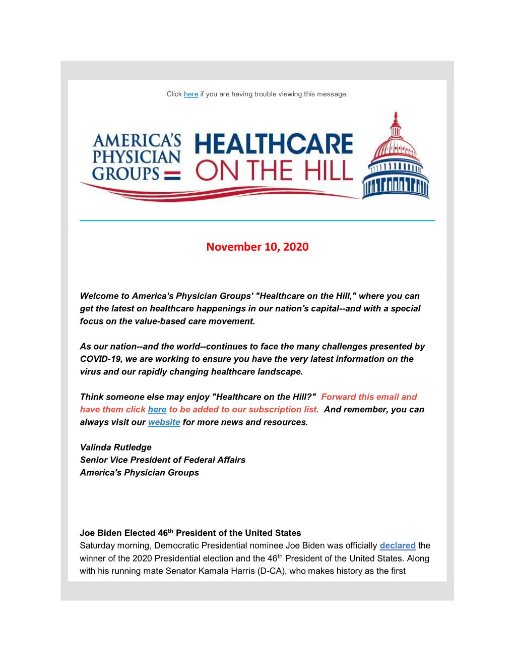 Healthcare on the Hill," Where You Can Get the Latest on Healthcare Happenings in Our Nation's Capital--And with a Special Focus on the Value-Based Care Movement