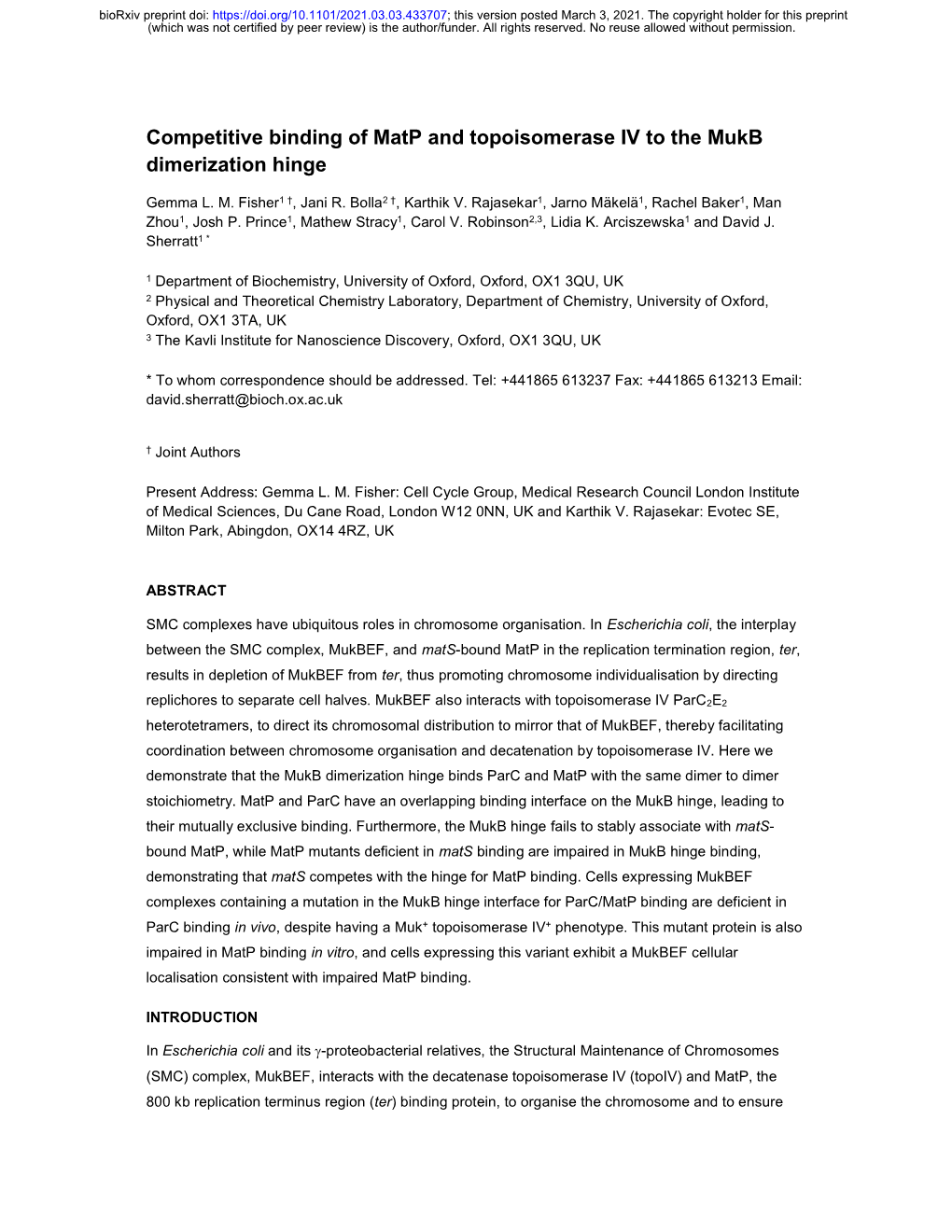 Competitive Binding of Matp and Topoisomerase IV to the Mukb Dimerization Hinge