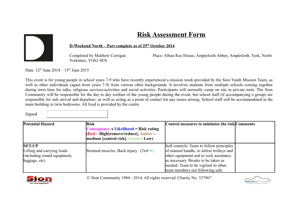 Sion Summer Camp - Event Risk Assessment