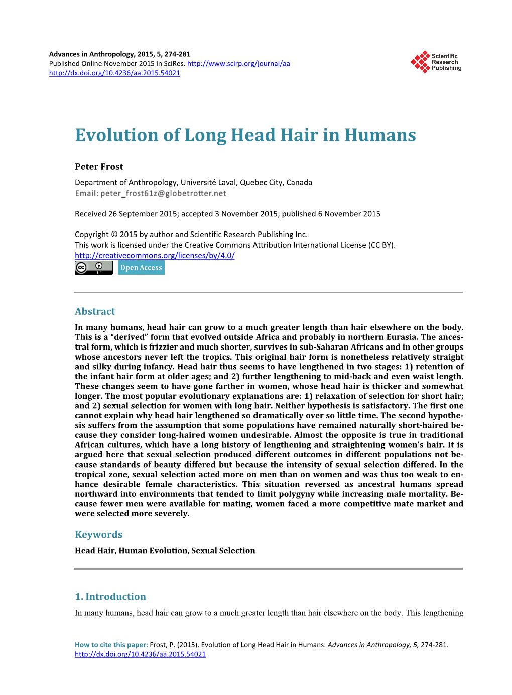 Evolution of Long Head Hair in Humans