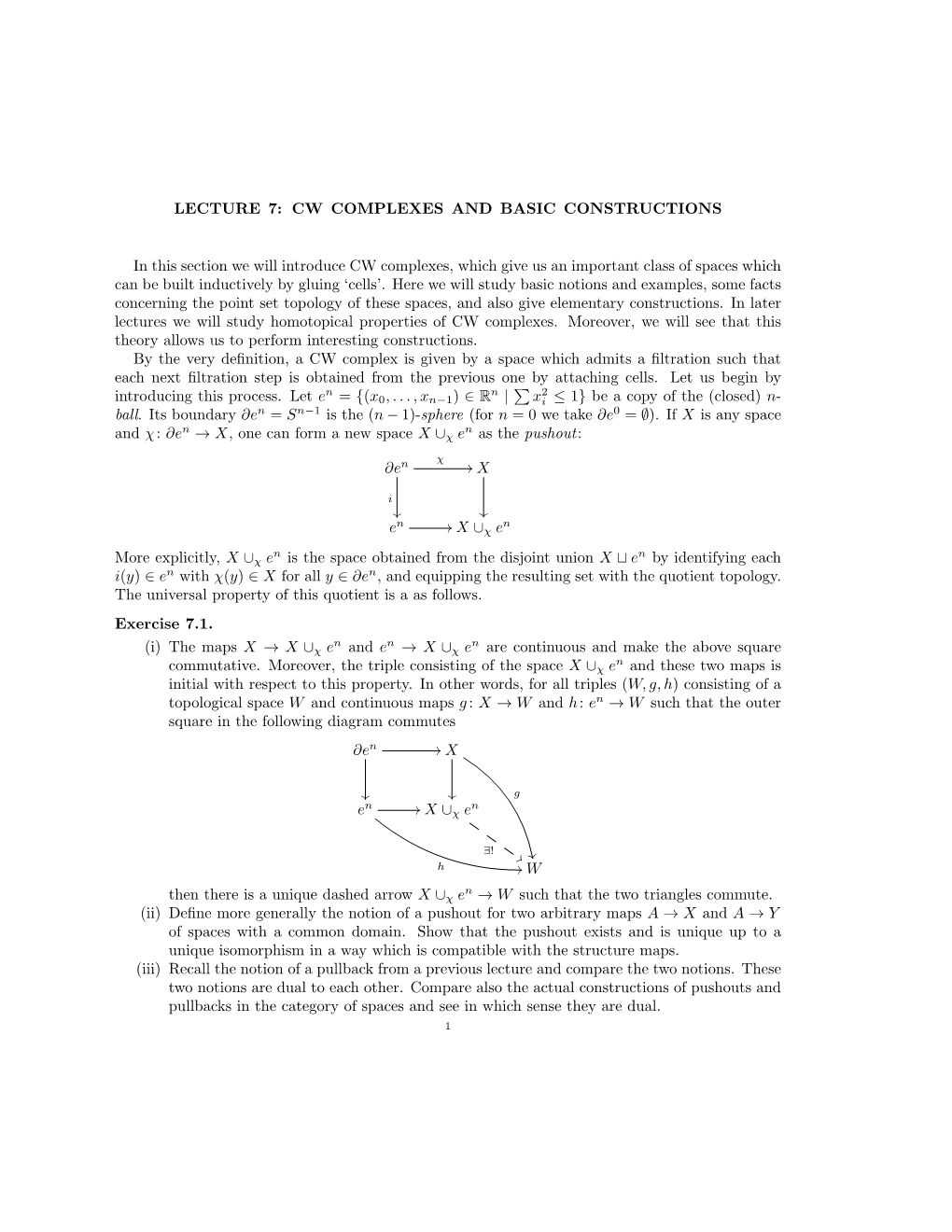 LECTURE 7: CW COMPLEXES and BASIC CONSTRUCTIONS in This