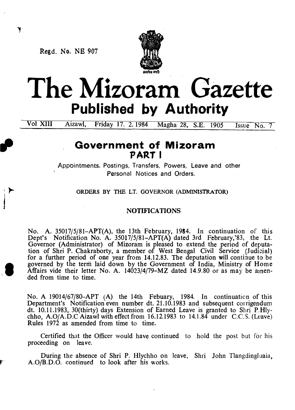 The Mizoram Gazette Published by Autho·Rity