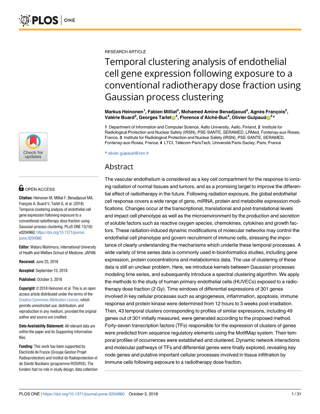 Temporal Clustering Analysis of Endothelial Cell Gene Expression Following Exposure to a Conventional Radiotherapy Dose Fraction Using Gaussian Process Clustering