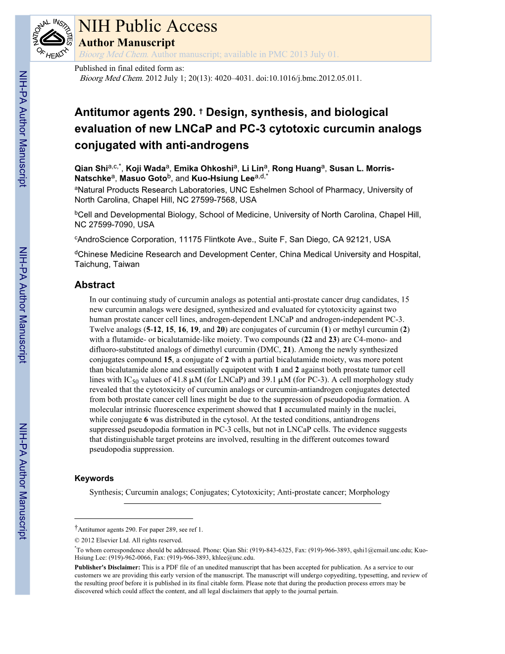 NIH Public Access Author Manuscript Bioorg Med Chem